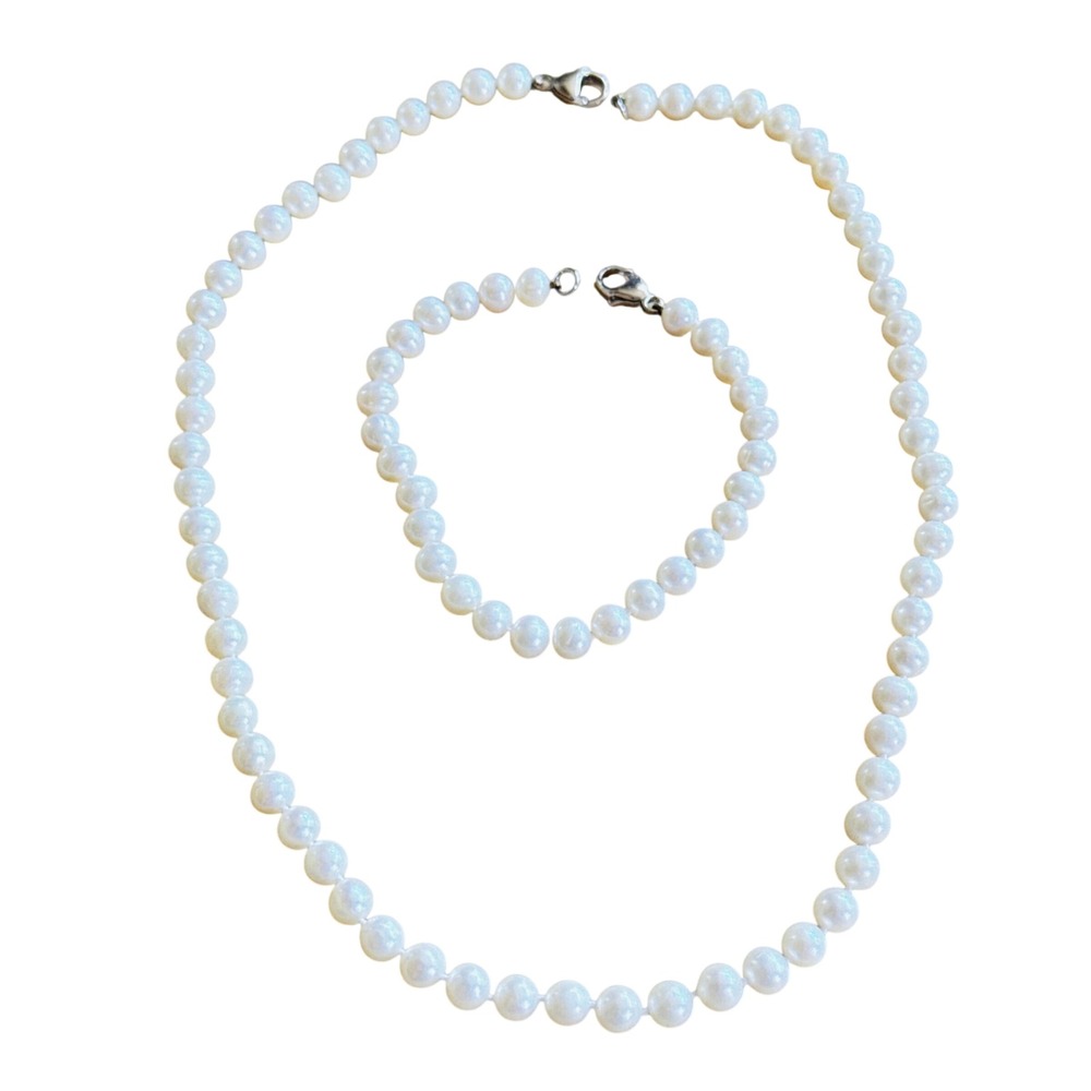 Pearl Necklace Bracelet VTG Cultured Fresh-Water Beaded Knotted 925 Sterling